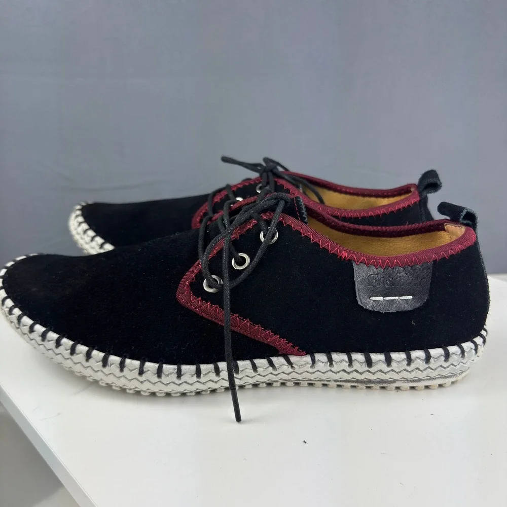 Fashion Casual Shoes Mens 10 Black Suede Burgundy Trim Whipstitch Lace Up Flats